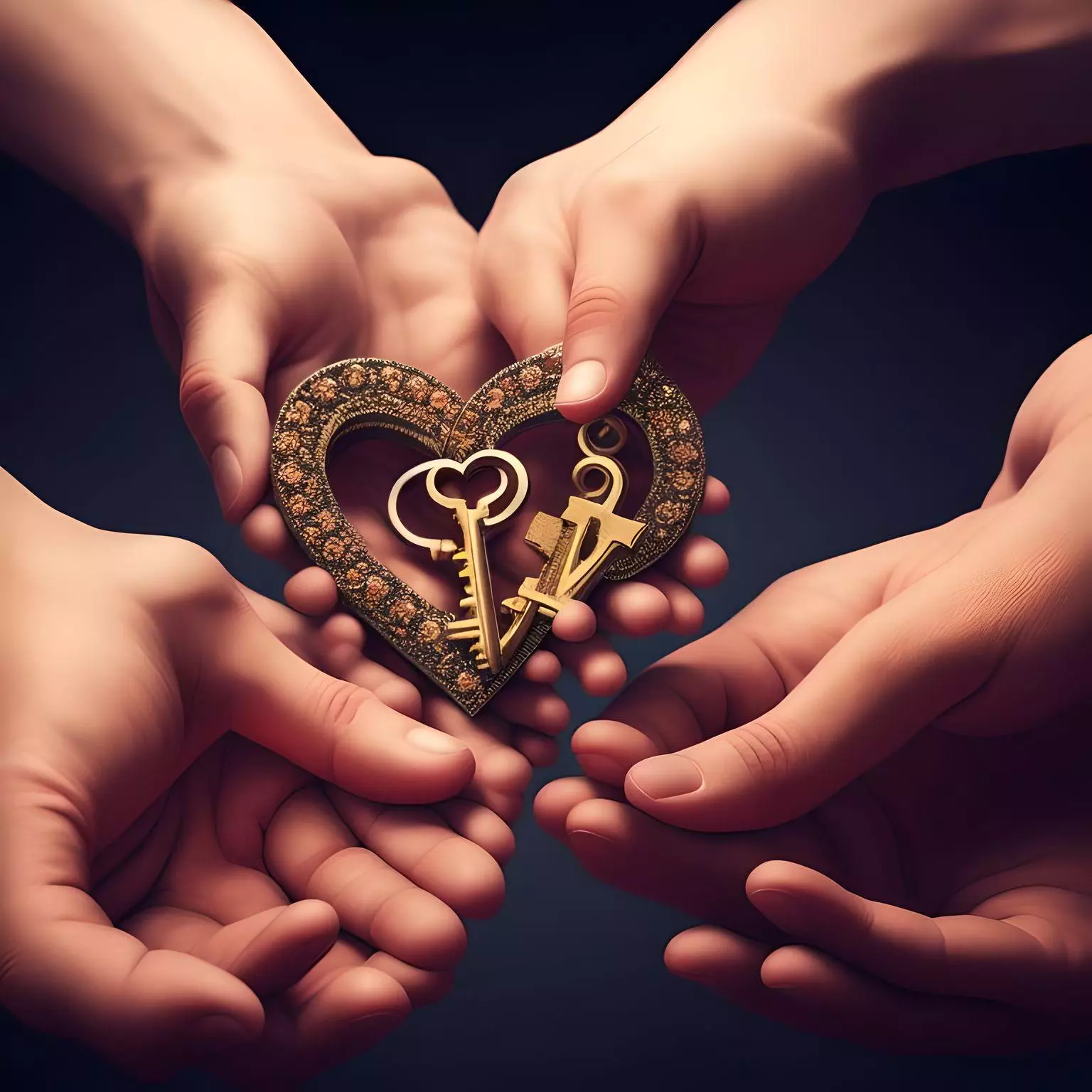 4 hands grabbing onto a heart amulet with a key inside