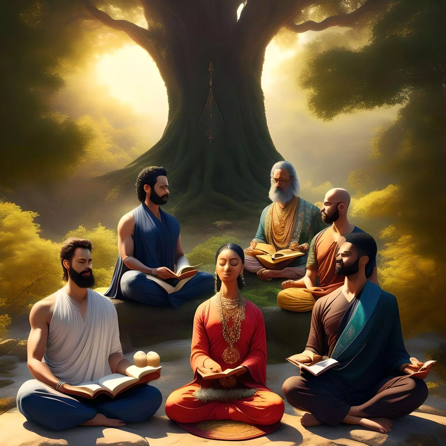 6 individuals of different origins meditating under a tree