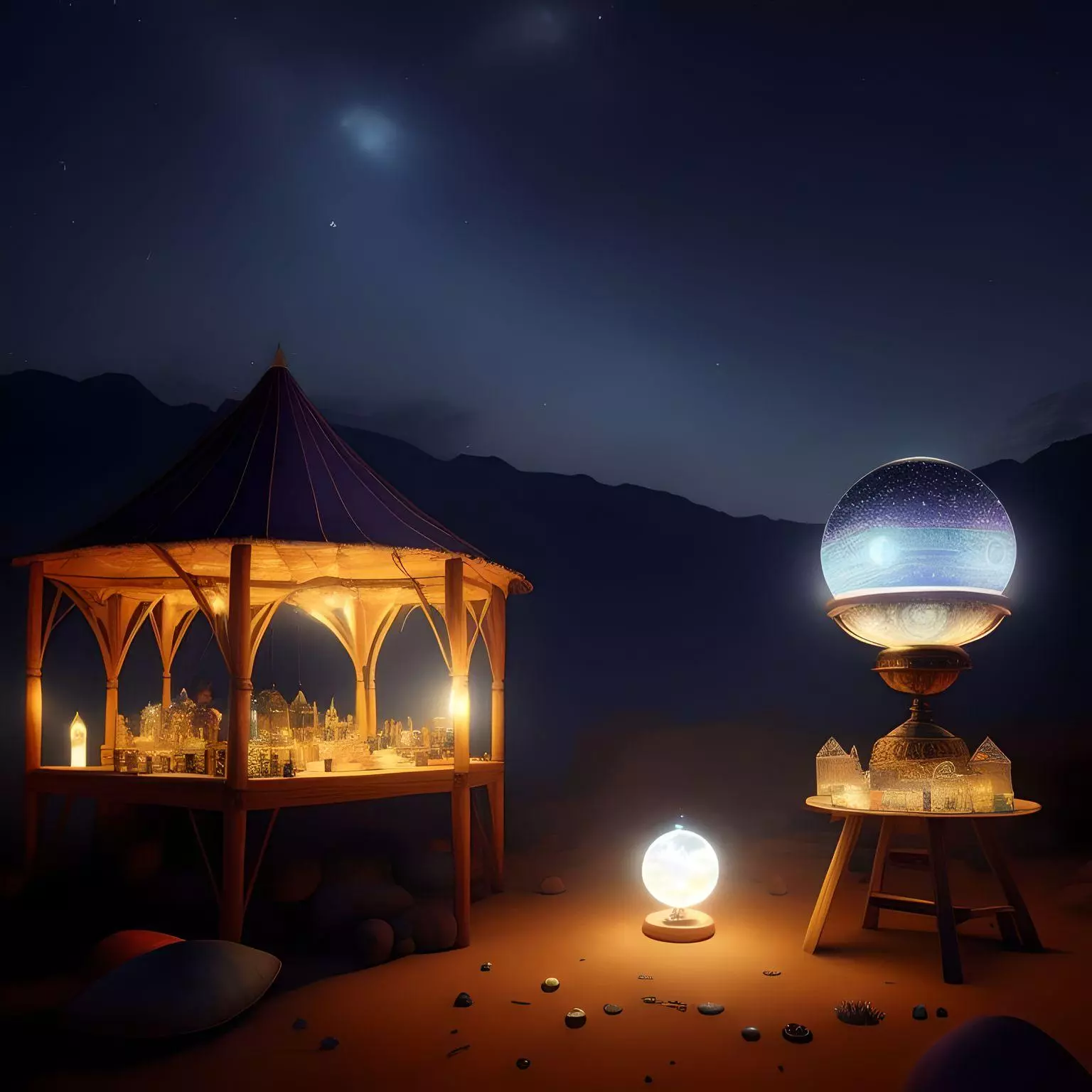a fortune tellers tent in the desert with a lamp lighting up the space.