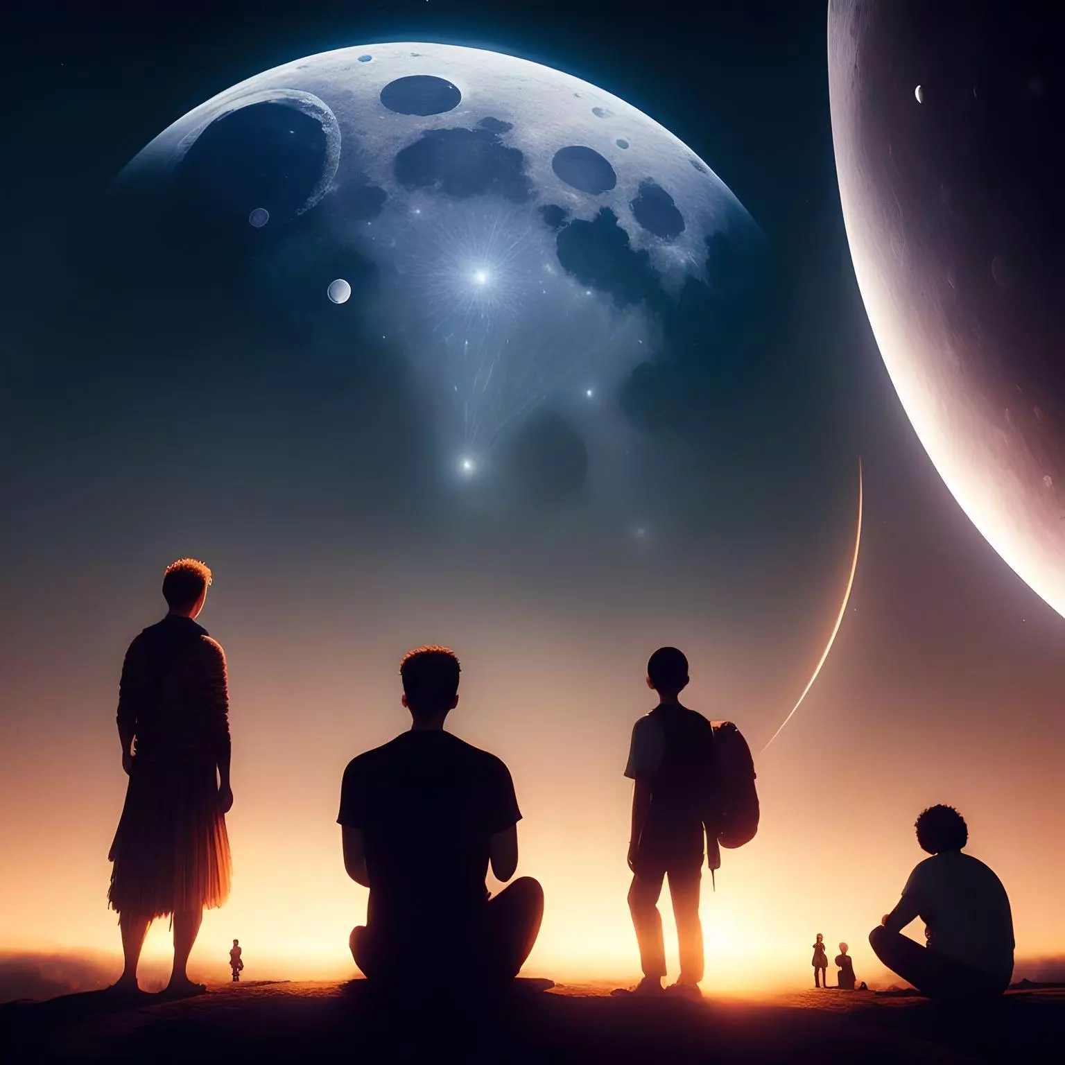 a group of people starring up at the night sky.