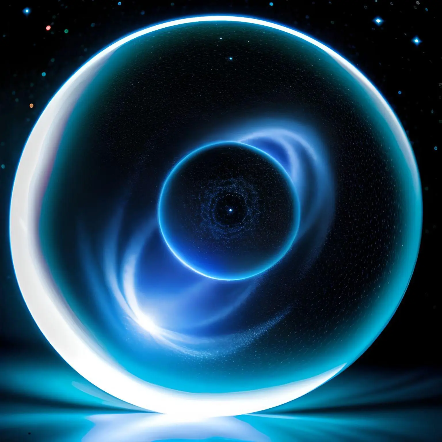 An abstract image of a crystal ball revealing shadowy, indistinct figures, against a background of swirling cosmic stardust, with a pathway leading from the ball towards a distant, glowing horizon.