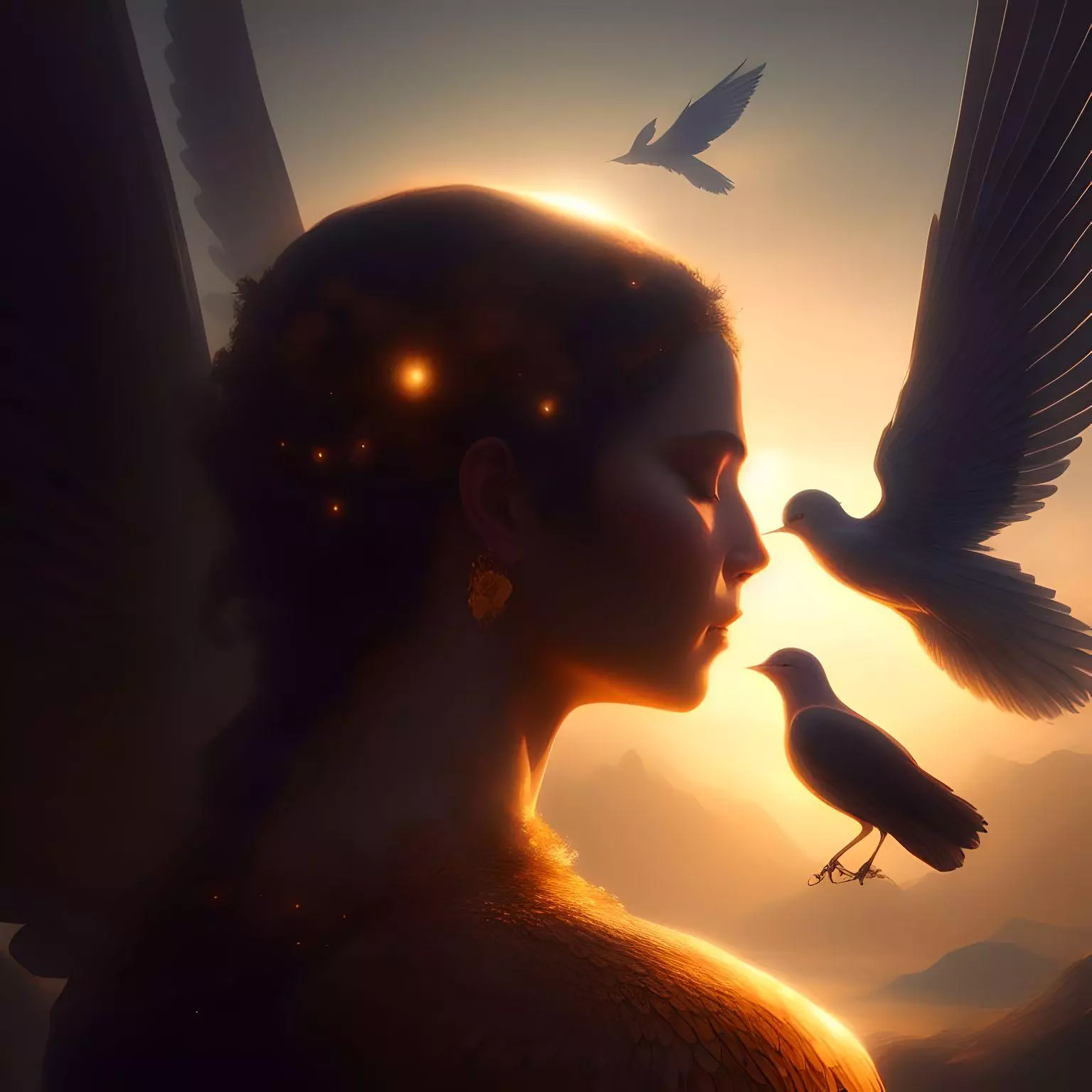 an angel being surrounded by birds and cast in a serene light