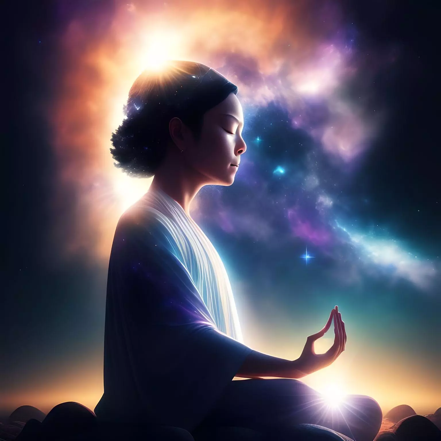 serene person meditating cosmic sky in the background