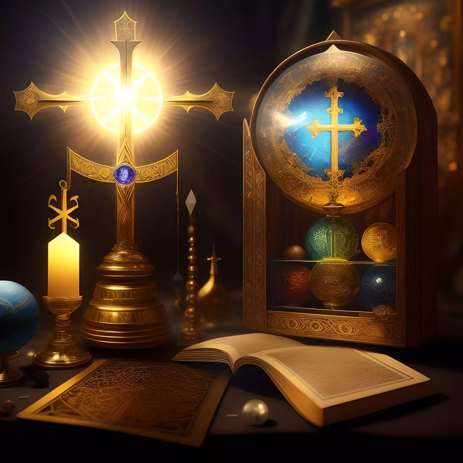 open bible on a table with a Christian cross and crystal balls.