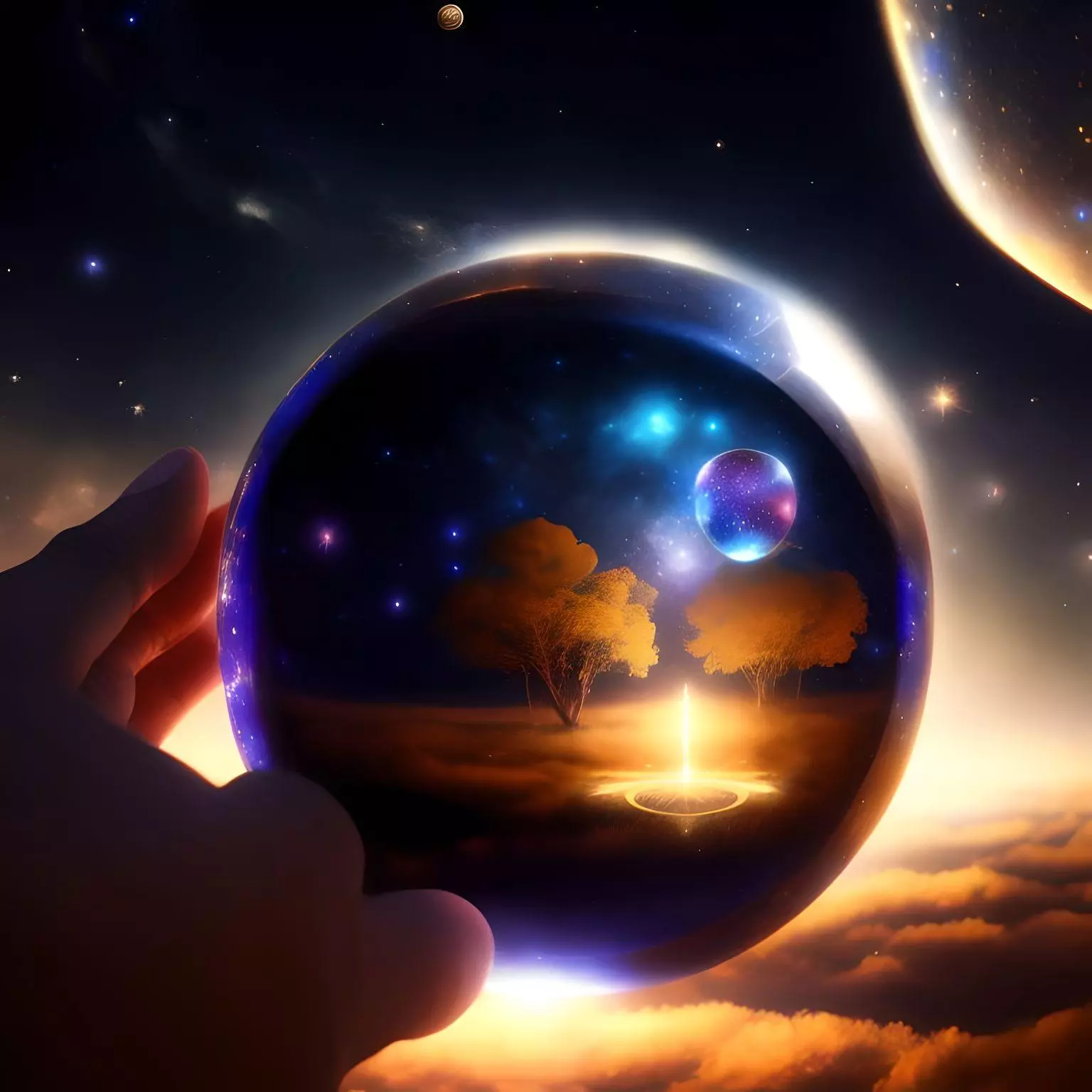 cosmic ball with light and a tree growing inside of it