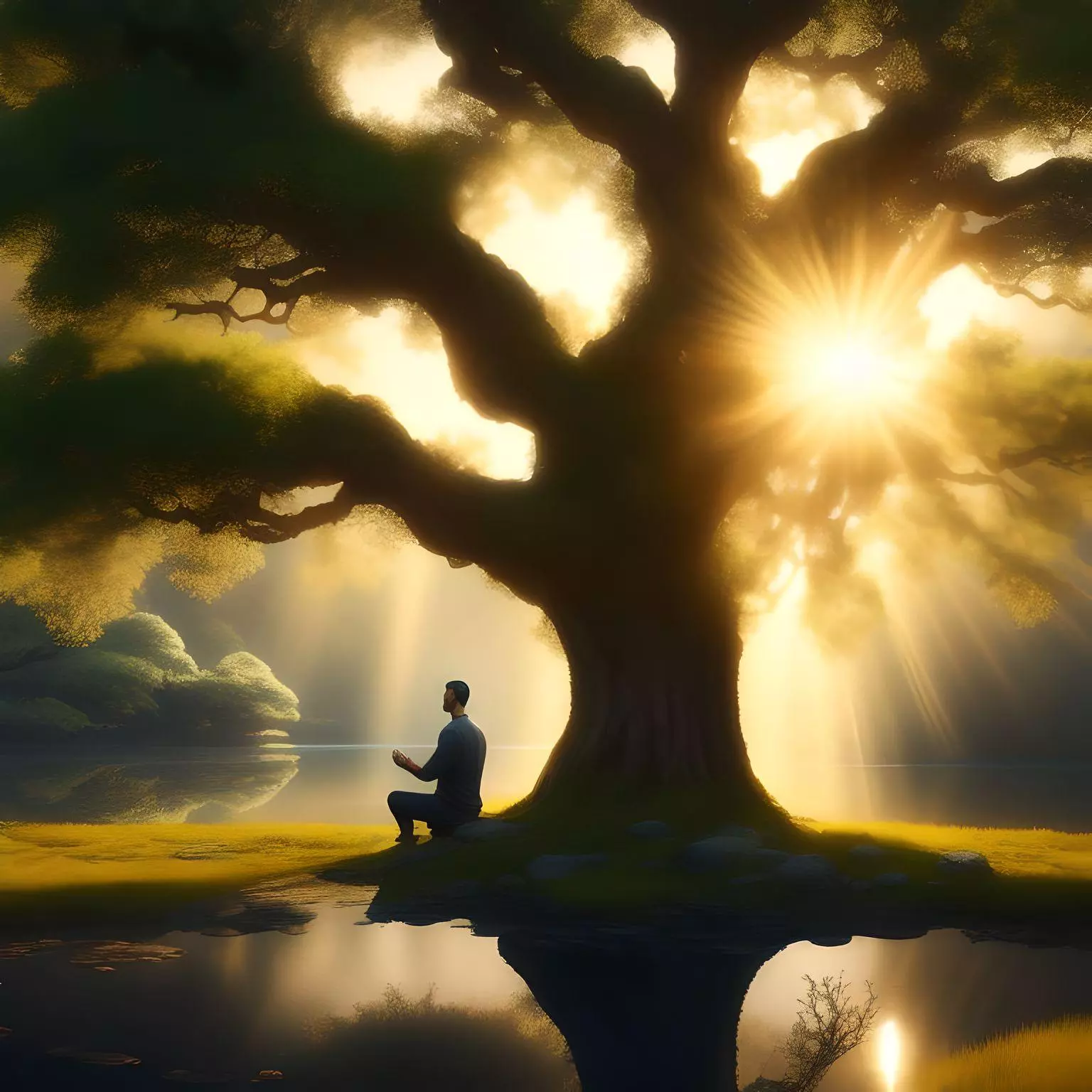 seated person meditating under a tree