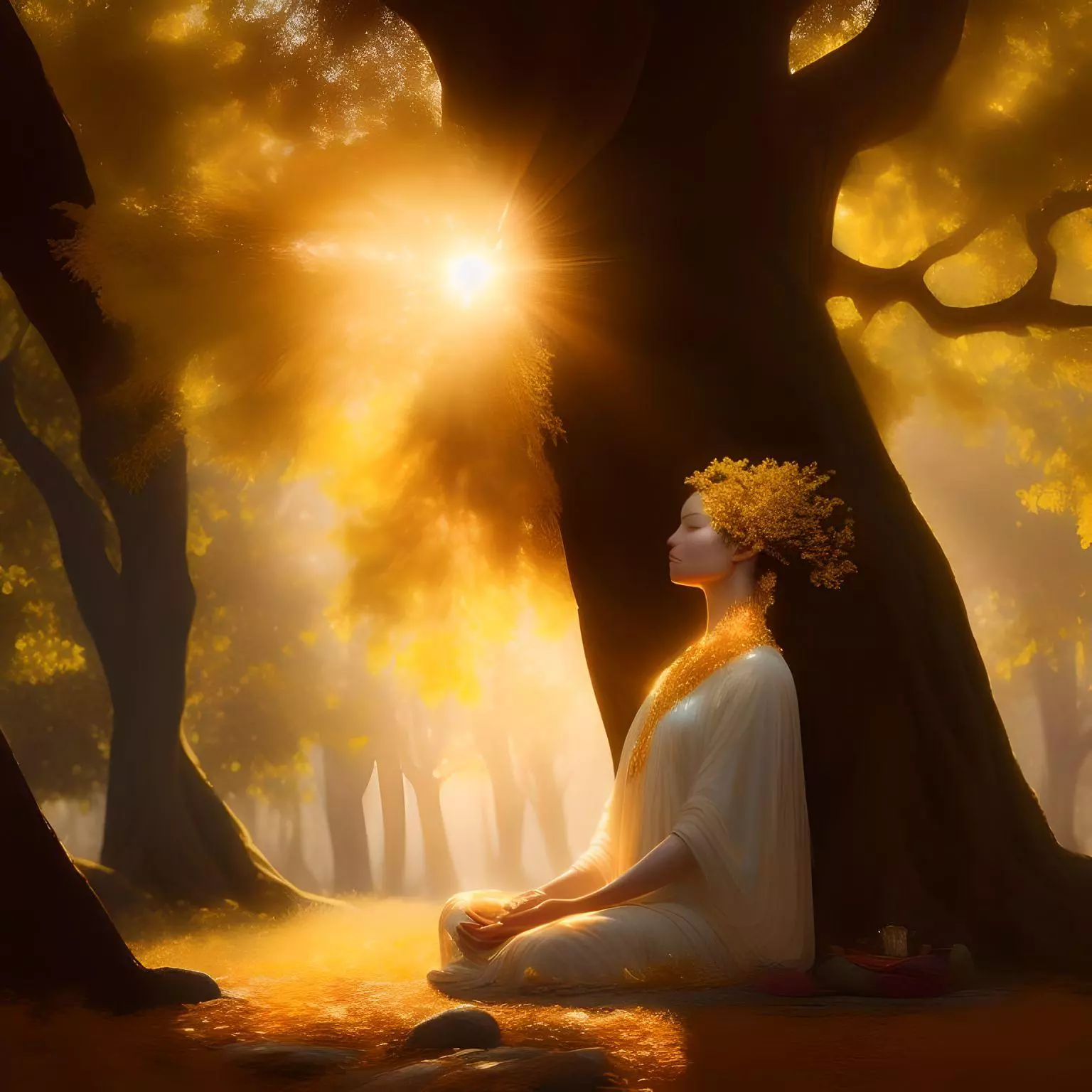 a woman in a white dress meditating under a tree with the sun casting through the leaves