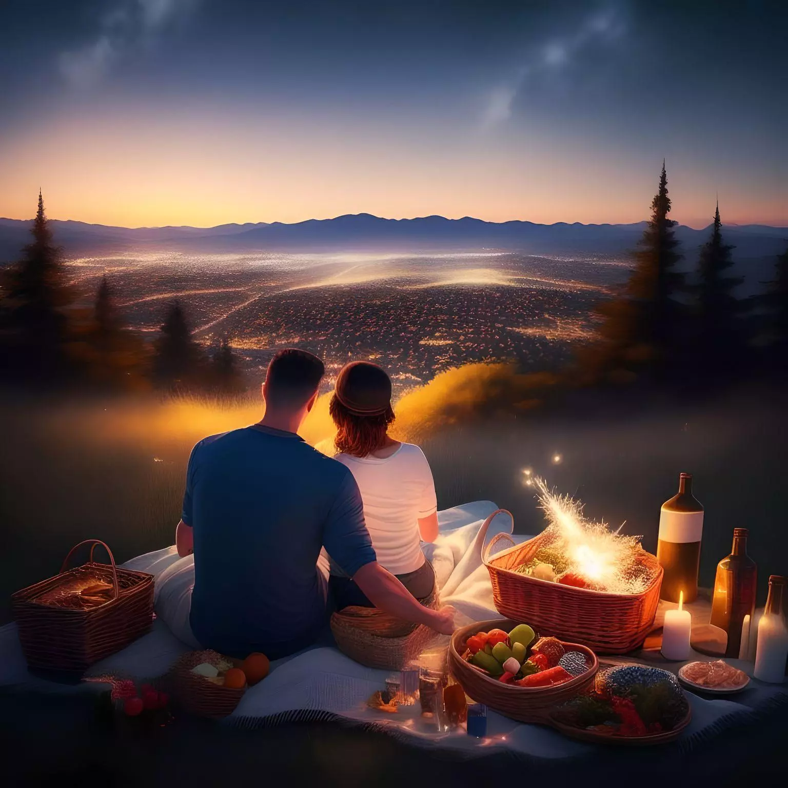 couple sitting on a a hill with a picnic basket and blanket celebrating the spark in a relationship.
