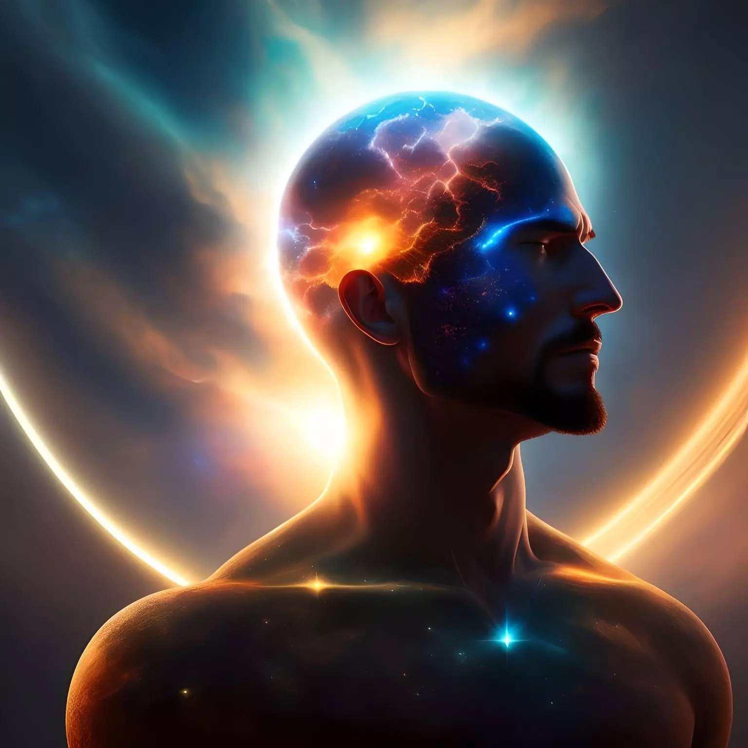 male figure with a visible brain which is being filled with cosmic energy as he receives spiritual guidance.