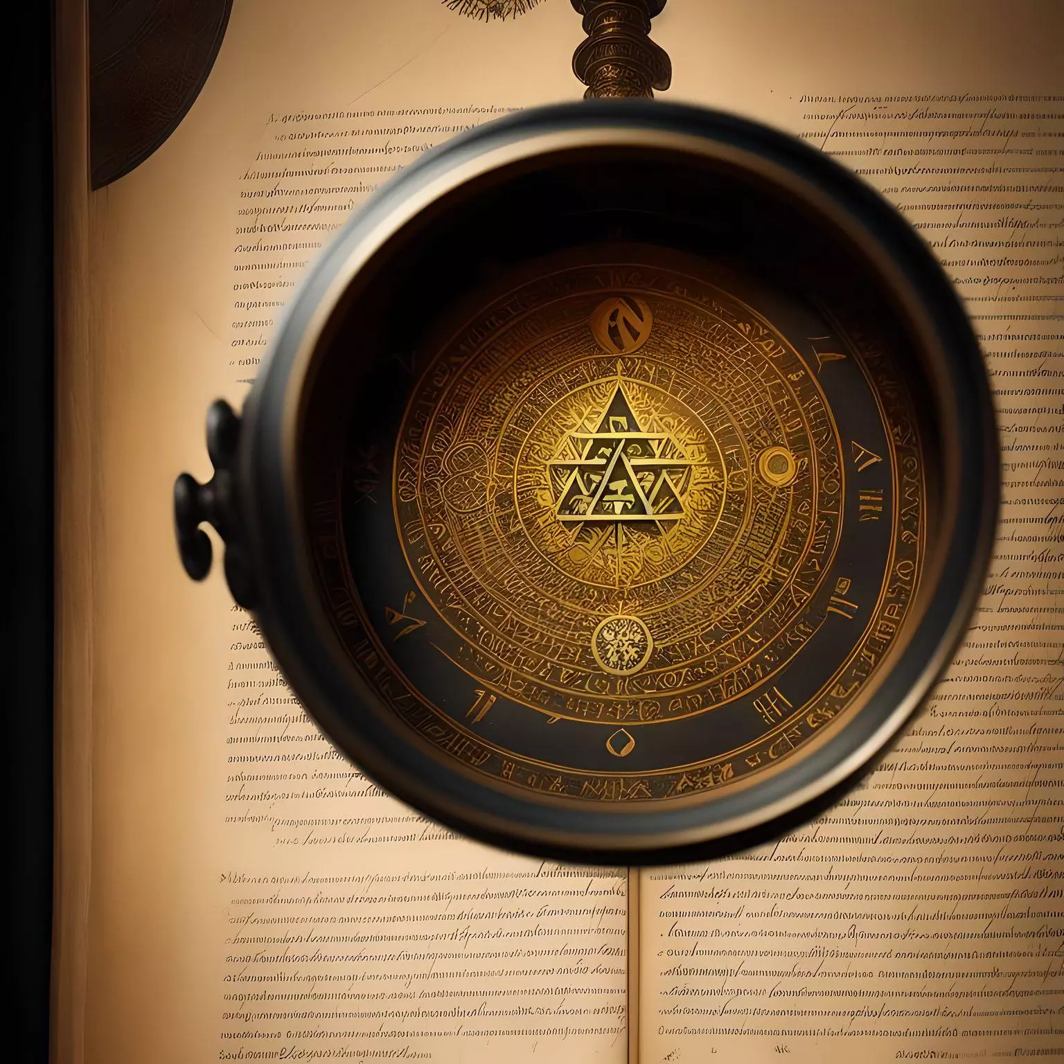 Numerology 7 represented by a magnifying glass over a parchment of arabic text.