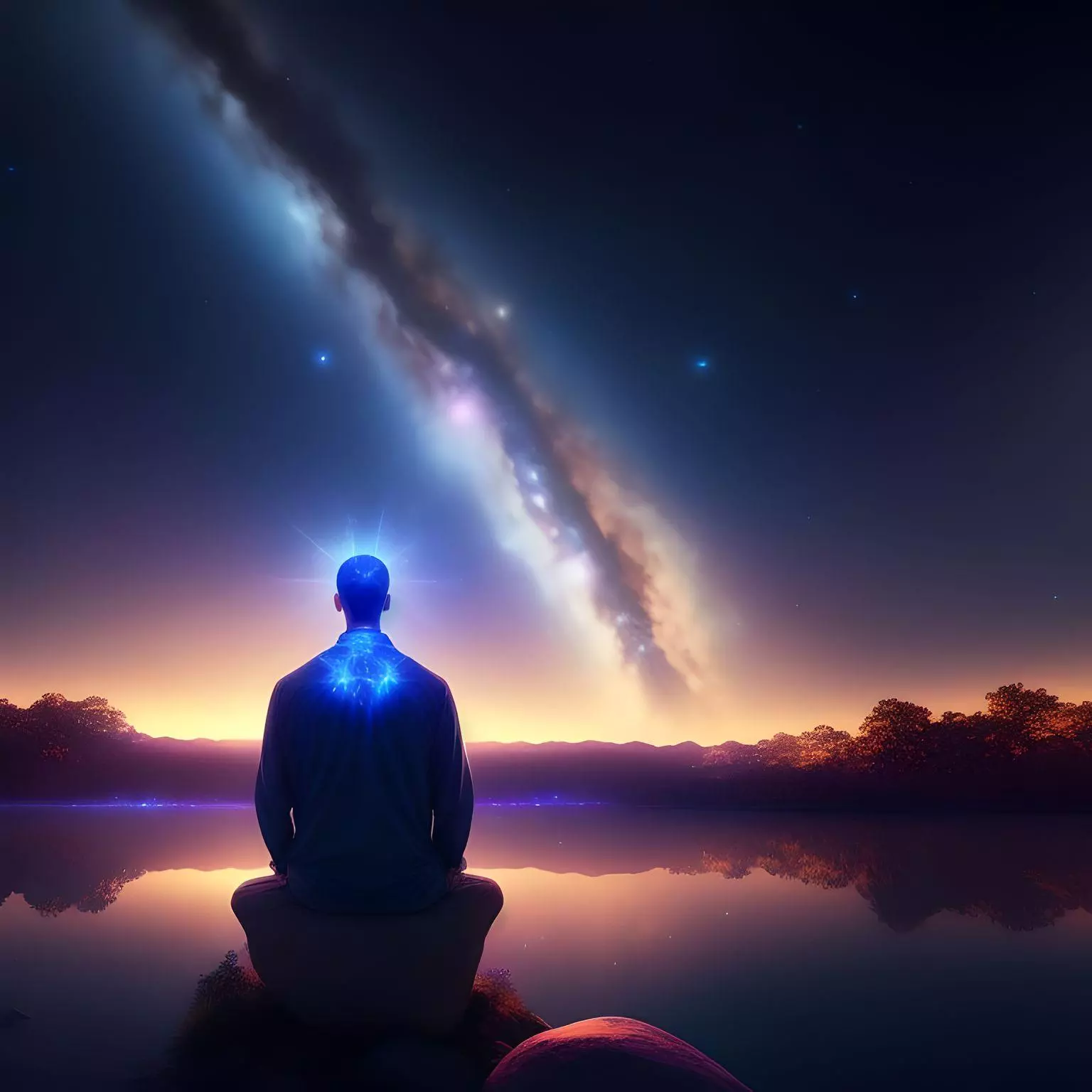 ethereal person meditating in front of a body of water with a moonlit sky