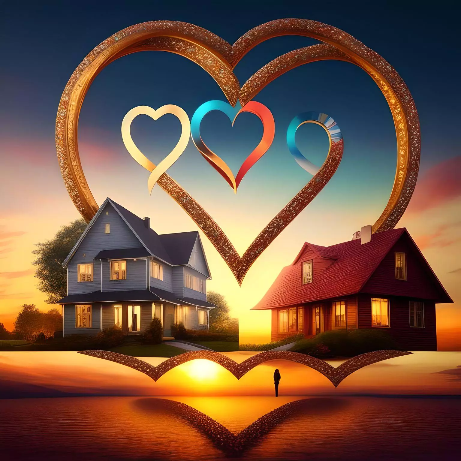 two houses connected with a large heart and full of marriage symbols highlighting what marriage is all about